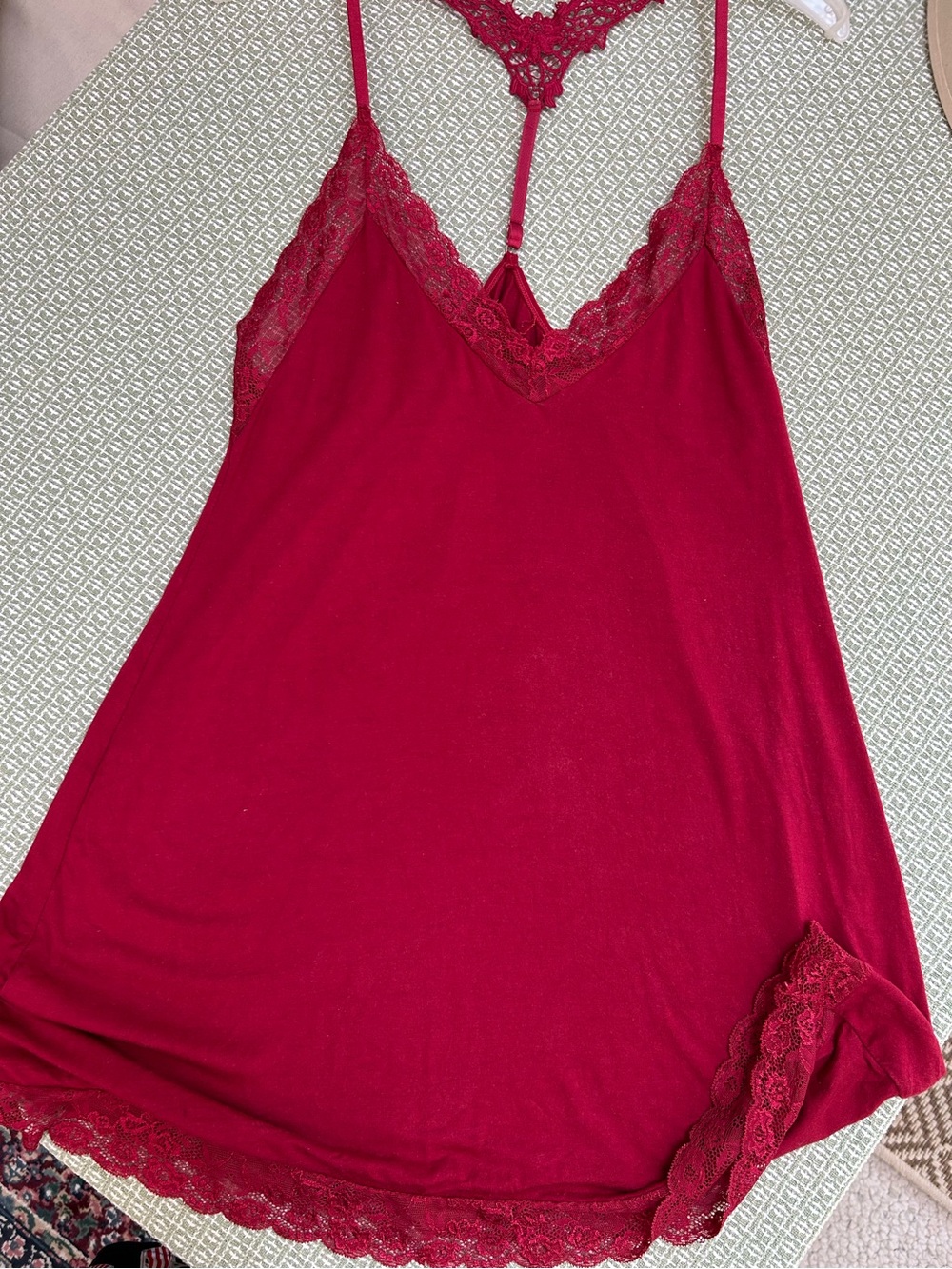 Lace-Trim BurgandyRed Chemise Slip/Nightie. Medium. Adjustable straps and back.